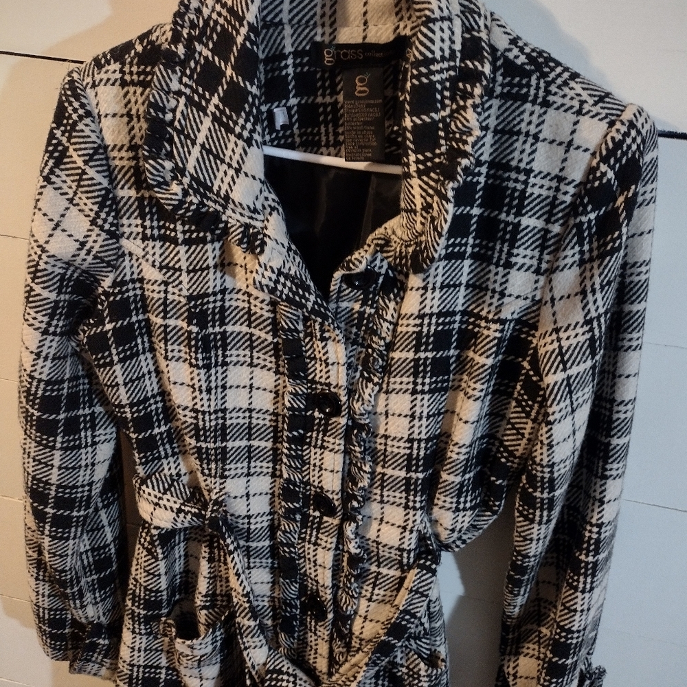 Grass Collection Ruffle Checked Plaid Tan Black Button Down Coat M - Picture 6 of 7